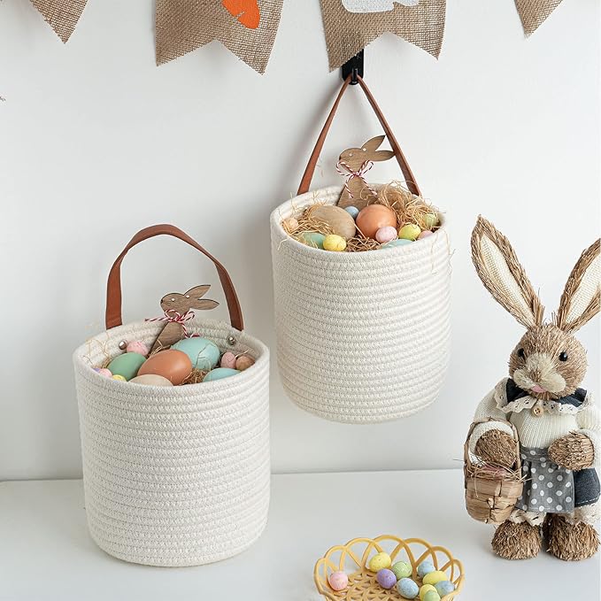 Goodpick 2pack Rope Hanging Basket - Small Round Hanging Baskets Storage for Key, Sunglasses, Wallet on Door - Modern Woven Baskets Wall Decor for Plant, White Cotton Basket 7.87 x 7 x 11.7 inches Goodpick