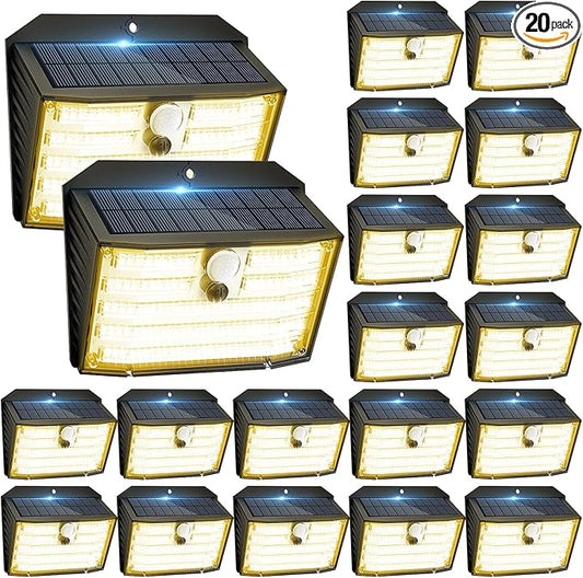 [20 Packs] Solar Motion Lights Outdoor, Ultra Bright Solar Fence Lights with Motion Sensor, IP65 Waterproof Security Light 3 Modes, 270° Lighting Angle, Wall Lights for Deck Patio Fence Garage Door Claoner