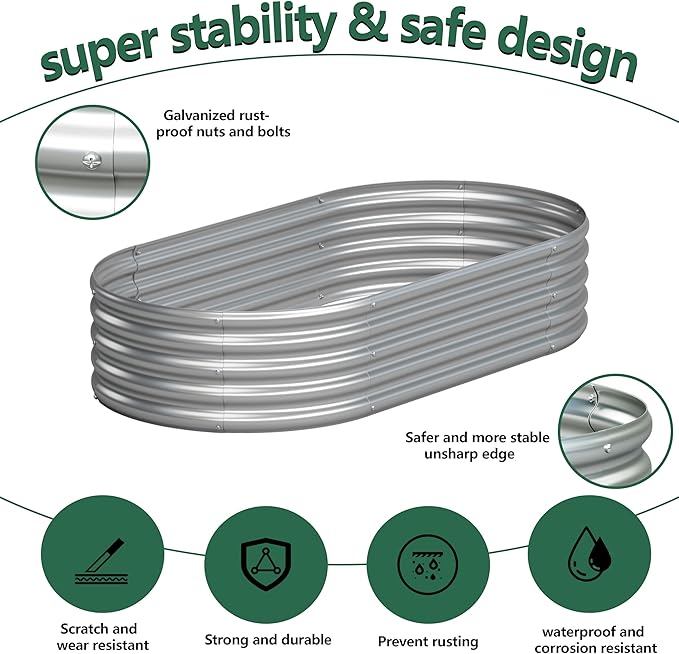2PCS 4x2x1FT Galvanized Raised Garden Bed Kit,Vegetable Boxes-Oval Metal Flower Box,Large Planter Raised Beds Outdoor Garden for Planting,Fruit,Herb-Silver Yortrek