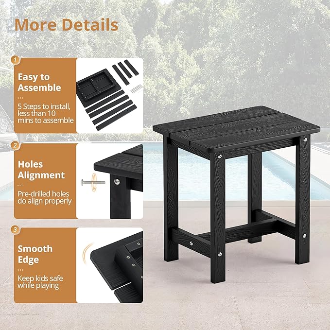 LUE BONA Outdoor Side Table Set of 2, HDPS Small Outdoor Table, Adirondack Side Table, Outside End Table for Patio, Porch, Deck, Pool, Weather Resistant/Easy Maintenance/Indoor or Outside Use, Black LUEBONA