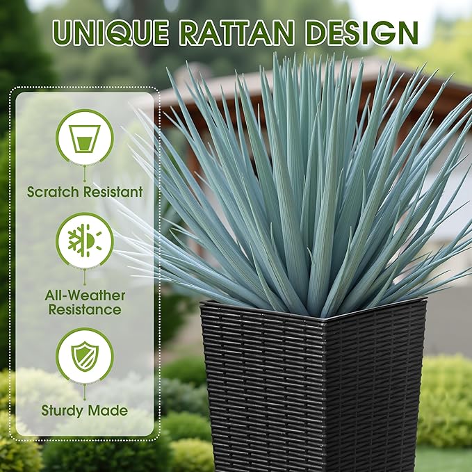 Devoko Resin Tall Planters with Tray for Outdoor Plants Set of 2, Large Taper Outdoor Planter Pots with 4 Drainage Holes, Flower Pots Modern Decor for Porch, Patio, Backyard, Garden(Black, 24") DEVOKO