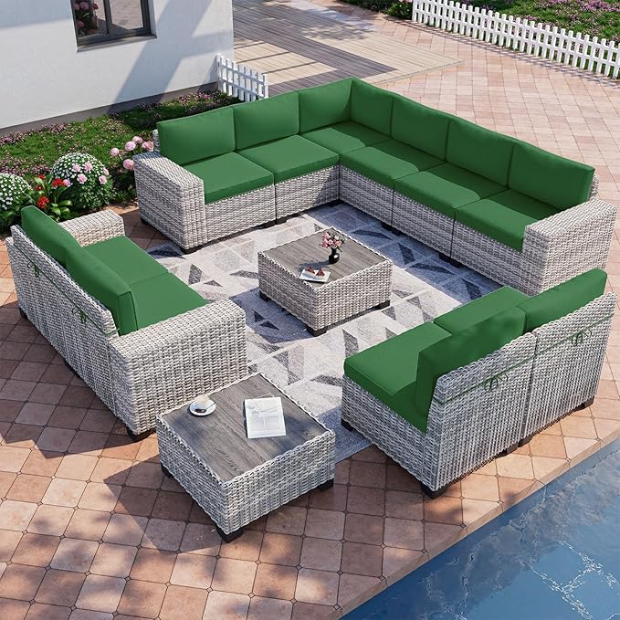12-Piece Outdoor Patio Furniture Set Wicker Sectional Sofa Set, Patio Conversation Set with Thickened Cushions & Coffee Table for Garden, Backyard, Poolside, Green MuphyersPatioFurniture