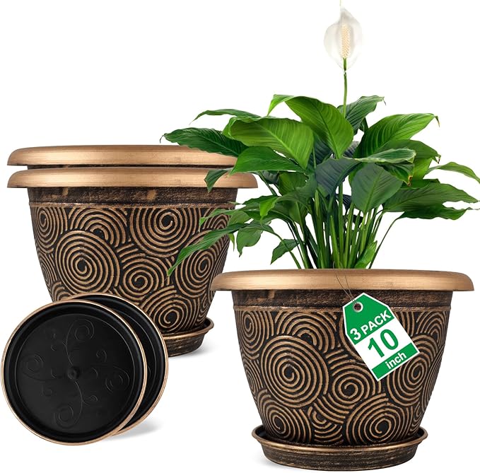 10 Inch Flower Pots Planters for Indoor Outdoor Plants, 3 Pack Plastic Large Plant Pots with Drainage Hole & Tray, Modern Decorative Garden Pot with Saucer, Plant Container for House Fodetyff