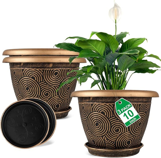 10 Inch Flower Pots Planters for Indoor Outdoor Plants, 3 Pack Plastic Large Plant Pots with Drainage Hole & Tray, Modern Decorative Garden Pot with Saucer, Plant Container for House Fodetyff
