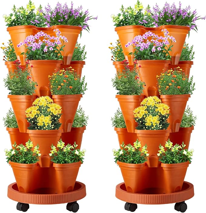 Umigy 2 Set 5 Tier Stackable Planters Vertical Garden Planters for Strawberry Herb Flower and Vegetable Indoor Outdoor Gardening Pots with Removable Wheels and Bottom(Terracotta) Umigy