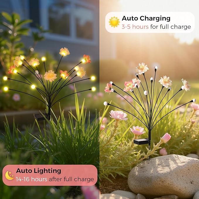 Solar Garden Lights, Warm White LED Swaying Solar Flowers Light for Outside, Waterproof Garden Decor, Outdoor Decorative Lights Yard, Patio, Pathway Decoration Gardening Gifts (4 Pack) PEVOROS