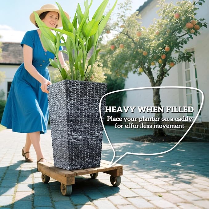 Outsunny Tall Planters for Outdoor Plants Set of 3, 24 in Taper Planters with Drainage Holes, Rattan Decor Plant Pots for Indoor Outdoor Front Porch Patio Backyard, Gray Outsunny