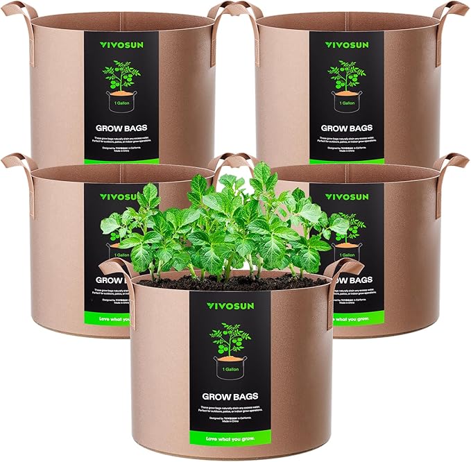 VIVOSUN 5-Pack 1 Gallons Grow Bags Heavy Duty Thickened Nonwoven Fabric Pots with Strap Handles Tan VIVOSUN