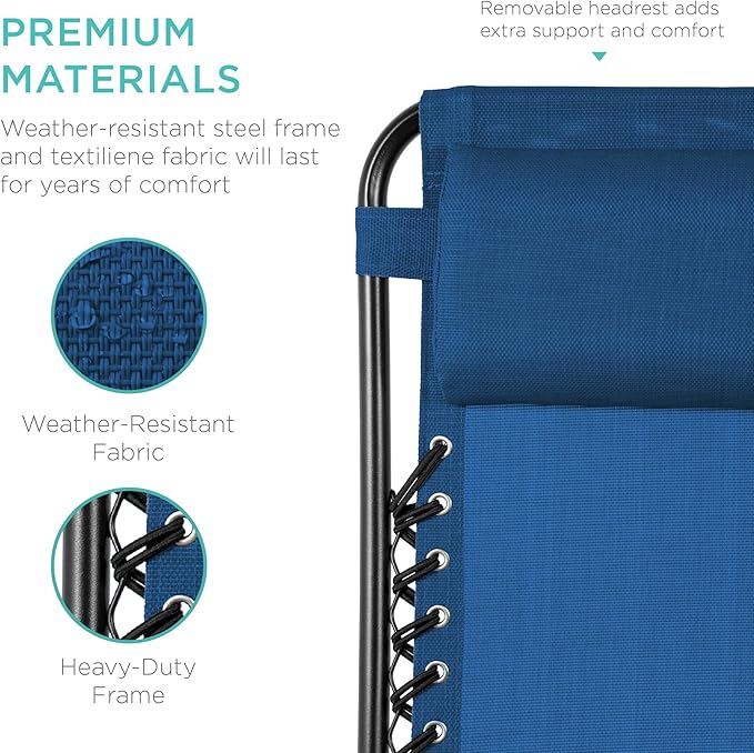 Best Choice Products Set of 2 Adjustable Steel Mesh Zero Gravity Lounge Chair Recliners w/Pillows and Cup Holder Trays - Marine Blue/Black BestChoiceProducts