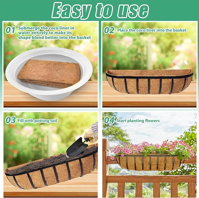 Y&M 24" Coco Liner for Window Box Deck Basket Planter Trough Coconut Fiber Liners, 2pcs Trough Coco Liner Pre-Formed Replacement YM