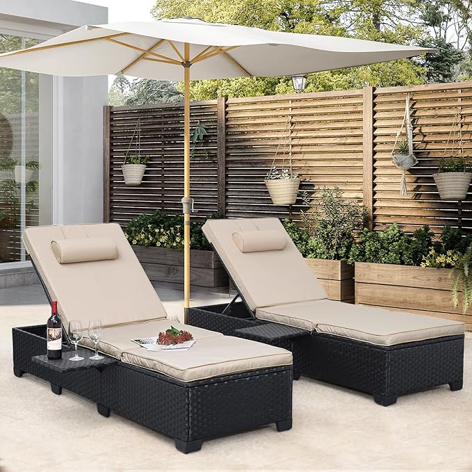 WAROOM Outdoor Chaise Lounge Chairs for Outside Patio Furniture Set of 2 Wicker Recliner Black Rattan Sunbathing Lounger Adjustable Backrest Pool Reclining Chair, Khaki Cushion WAROOM