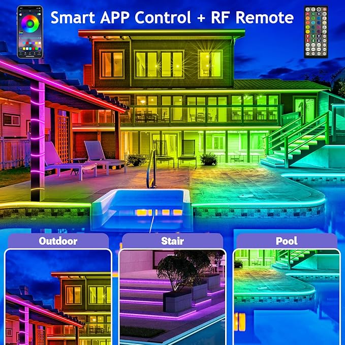 Outdoor LED Strip Lights Waterproof,IP68 Outside Led Light Strips Waterproof with Bluetooth App Remote Control,Music Sync RGB Exterior Led Rope Lights,for Balcony,Deck,Roof,Garden,Pool (300FT Outdoor) AILBTON