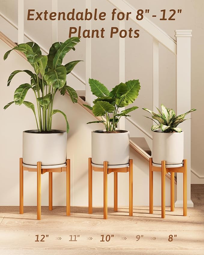 Adjustable Plant Stand Indoor, Bamboo Plant Stand Fits 8 9 10 11 12 Inches, Small Corner Planter Holder for Indoor Plants, Single Floor Plant Stands for Living Room Balcony, Light Brown Tall Gentingbro
