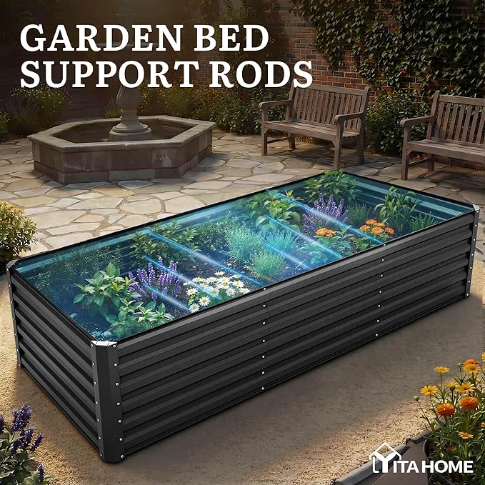YITAHOME 8x4x2ft 2pcs Large Raised Garden Bed, Galvanized Metal Planter Box with Gloves, Ground Nails, Support Rod & Safety Rubber, Outdoor Above Ground Planters for Plants Vegetables Flowers, Black YITAHOME