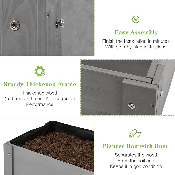 Raised Garden Bed with Legs, 31x16x31'', Outdoor Wood Elevated Planter Box, Grey Cedar, Thick Legs, w/Liner OutdoorFurniture