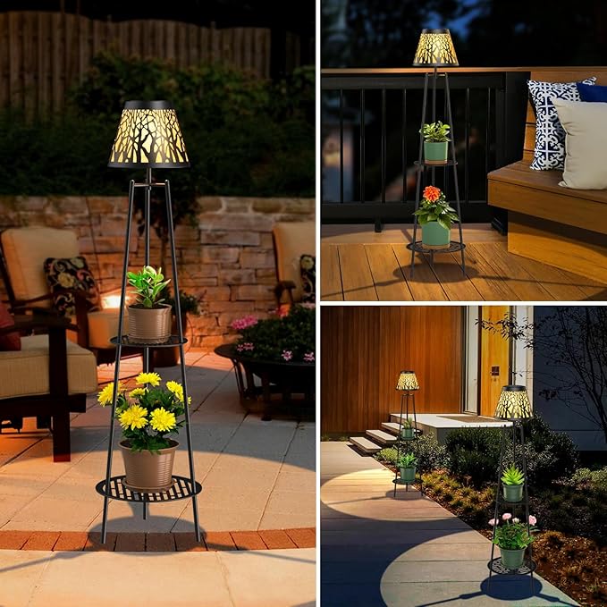 2 Pack 45.5'' Outdoor Floor Lamps with 2 Tier Plant Stand, Solar Powered Metal Waterproof Lights for Patio Deck Yard Garden Porch Decor VISFLAIR