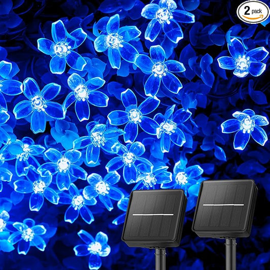 Brightown 2 Pack Total 52FT 120 LED Solar Flower String Lights for Outside Waterproof Fairy Lights for Garden Yard Fence Patio Christmas Tree Wedding Party Decor, Blue Brightown