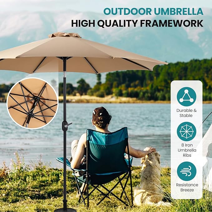 OLIXIS 9ft Patio Umbrella with Tilt and Crank Button & 8 Sturdy Ribs Waterproof, Patio Table Umbrella Perfect for Poolside, Terrace, Beach and Outdoor Restaurant, Khaki OLIXIS
