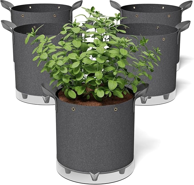 Self-Watering Grow Bags, 5-Pack 10 Gallon 420G Thick Nonwoven Fabric Pots with Reinforced Handles and Multi-Purpose Rings, for Low Stress Plant Training Fruits, Vegetables,and Flowers Patigrow