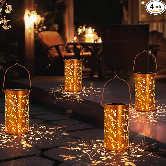 4 Pack Solar Lanterns Outdoor Hanging Lantern Lights, Dragonfly Hollowed-Out Metal Decor Lantern, Waterproof LED Decorative Garden Light - Delicate Garden Decoration for Patio, Yard DIBIEECN