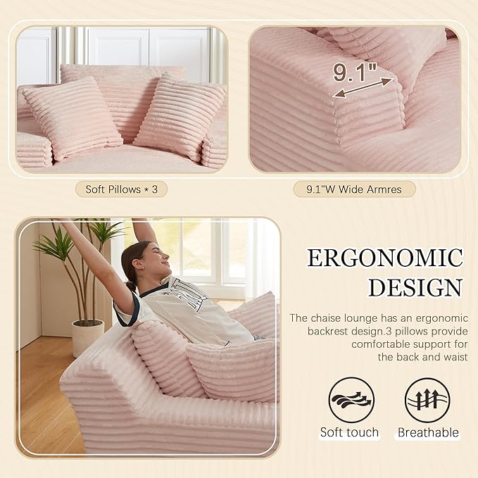 Chaise Lounge Chair Indoor, 50 Inch Oversized Corduroy Upholstered Boneless Sofa Bed, Deep Seat Sleeper Couch Reading Chairs, Cloud Sofas Couches for Living Room (Pink, 50" W x 80" D) HANXIN