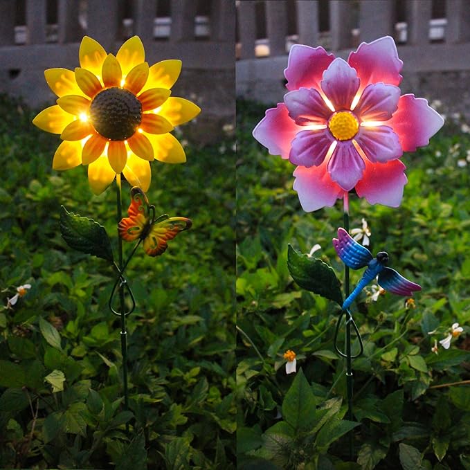 Solar Garden Stakes Lights for Outdoor Decor, 4 Pack Waterproof Metal Art Stick Flowers, Light for Outside Garden Patio Pathway Yard Backyard Porch Lawn SolarGardenDecorationLight