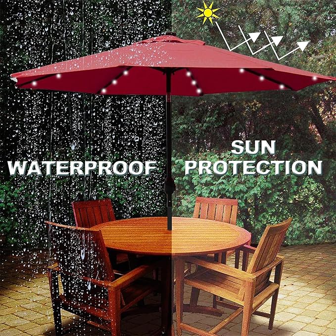 Blissun 9 ft Solar Umbrella, 32 LED Lighted Patio Umbrella, Table Market Umbrella, Outdoor Umbrella for Garden, Deck, Backyard, Pool and Beach (Red) Blissun