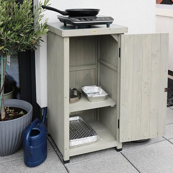 Outdoor Storage Cabinet for Patio, Garden Potting Bench Table with Shelves & Metal-Tabletop, Wooden Planting Work Station, Weatherproof HABAU