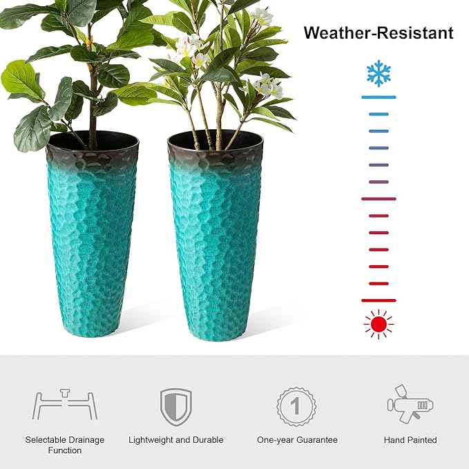 Glitzhome 31" H Oversized Tall Planter, Set of 2 Honeycomb Textured Gradient Turquoise Plastic Tall Outdoor Planters with Drainage Holes, Round Large Flower Pots for Indoor Outdoor Front Door Patio Glitzhome