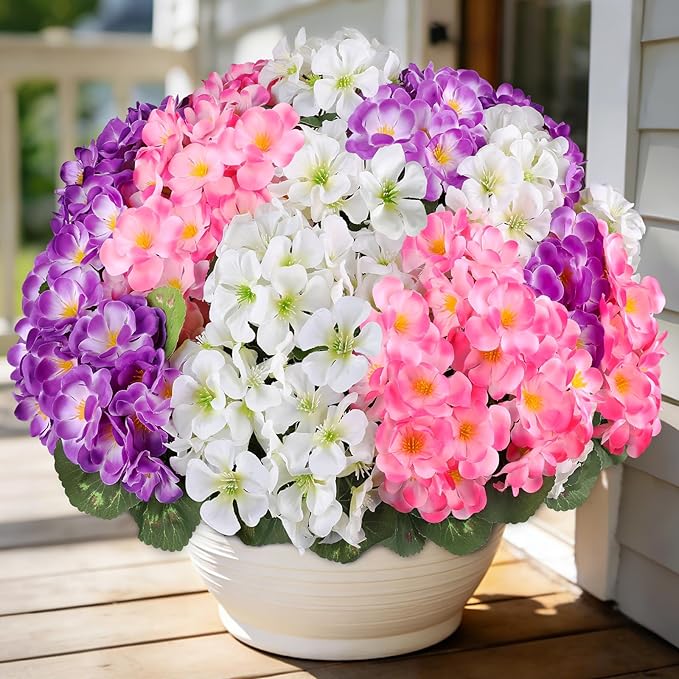 Artificial Geraniums Flowers for Outdoors, 6 Bundles Realistic Silk Fake Geranium, No Fade Faux Plants for Hanging Baskets, Window Boxes, Planters - Porch, Patio, Garden Decor(Mix Colors) AmberFun
