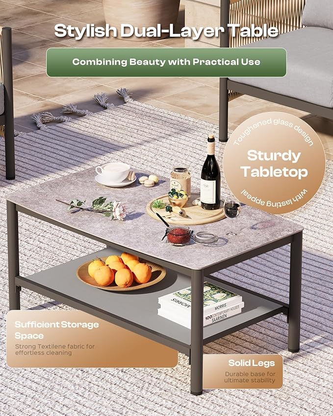 Aluminum Outdoor Patio Furniture Set with Dual-Layer Coffee Table, 4 Piece Modern Patio Conversation Sets with PE Rope, Outdoor Sectional Sofa with Thick Cushions for Balcony, Deck, Gray Oasbira