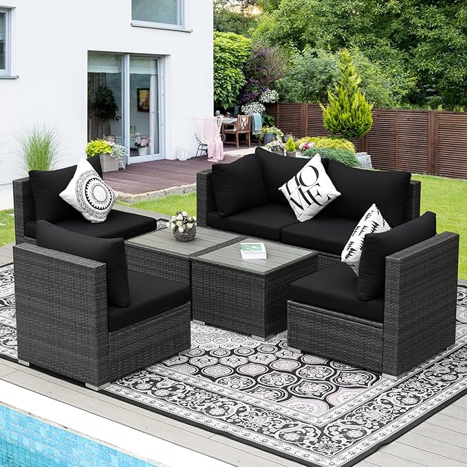 NICESOUL 7 Piece Modern Outdoor Patio Furniture Set, Extra Large Grey Wicker Patio Modular Conversations with Tables, All-Weather Deep Sofa Couches for Backyard Deck, 2 Color Cushion Black & Gray NICESOUL