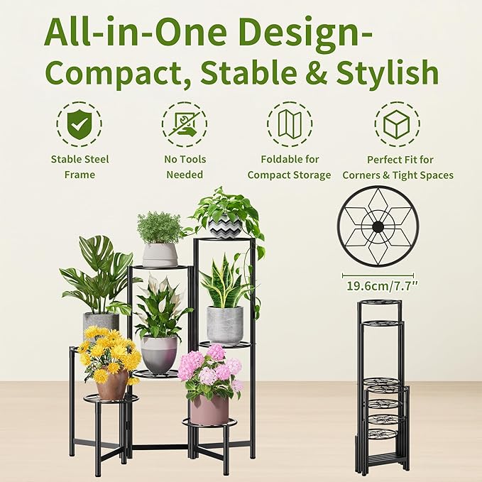 7 Tier Metal Patio Plant Stand Outdoor, Heavy Duty Flower Stands for Indoor Plants, Floding Tall Corner Shelf for Diaplay Racks for Home Decor, Graden, Balcony -BlackDiamond Rootora