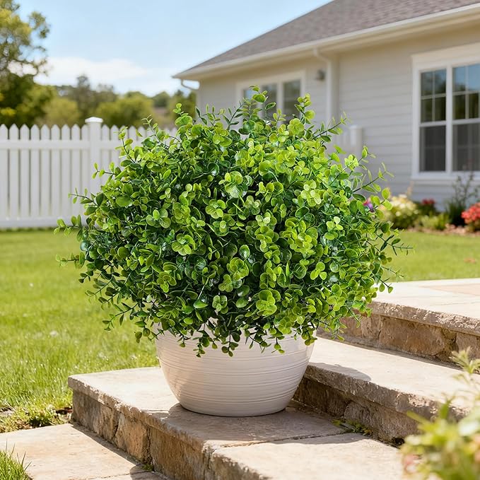 Artificial Faux Outdoor Plants for Spring Summer Decoration, 12 Bundles Fake Plastic Eucalyptus UV Resistant Look Real Fake Plants for Planter Outside Front Door Porch Patio Balcony Garden Indoor Yard Ivydale