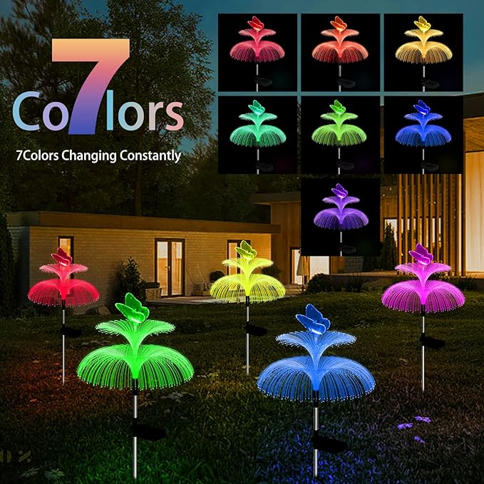 Solar Garden Lights Waterproof 3 Pack Solar Lights Outdoor Decorative 7 Color Changing Double Jellyfish and Butterfly Flower Garden Decor Yard Christmas Pool Outdoor, Gifts for Mother's Women Weepong