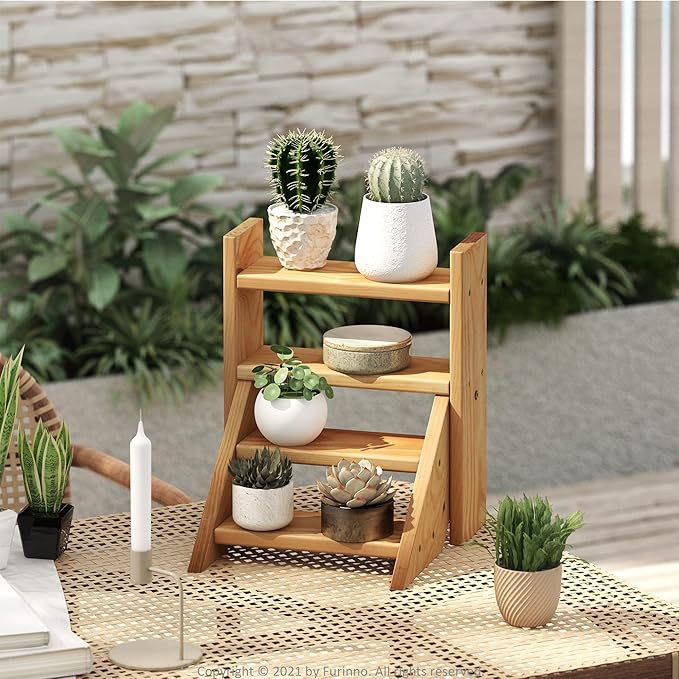 Furinno TIOMAN Plant Stand Indoor Outdoor, Tabletop Mini Ladder Planter Stand, Planter Shelf, Organizers, Indoor, Outdoor, Patio, Balcony, Garden, Pine Wood Furinno-FitsYourSpaceFitsYourBudget