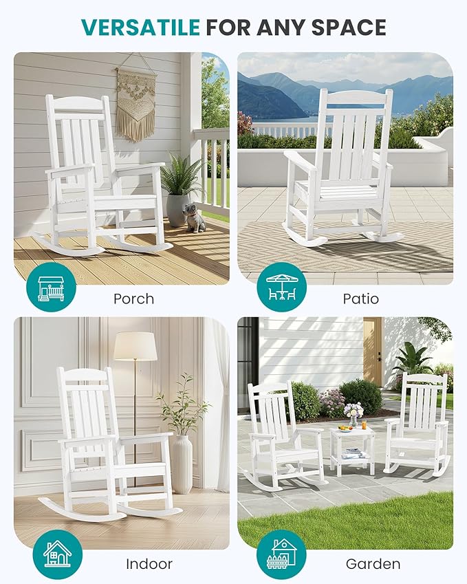 SERWALL Outdoor Rocking Chairs Set of 4, Oversized HDPE Porch Rockers for Adults, All-Weather Composite Patio Rocking Chairs, White SERWALL