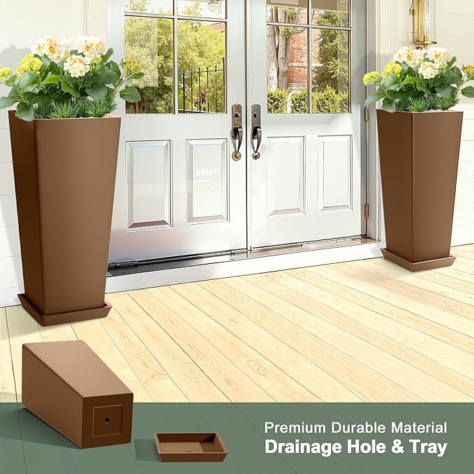 Set of 2 Large Planters for Outdoor Plants 24" Tall Tapered Modern Flower Pots with Drainage Tray for Garden, Patio, Porch (Brown) PolarcoForgeco