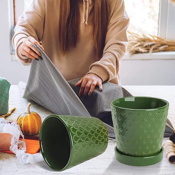 EFISPSS Ceramic Plant Pots, 5 Inch Planters with Drainage Holes and Ceramic Tray, Relief Design Flower Planter, Desktop Office Windowsill Decoration Gift Set of 4 - Blackish Green EFISPSS