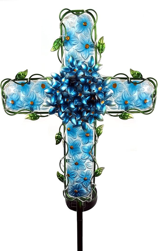 Solar Cross Garden Lights Outdoor Decorative - Solar Metal&Glass Cross Blue Hydrangea Flower Stake Lights- Waterproof 20 Warm White LED for Remembrance Gifts COOZZYHOUR