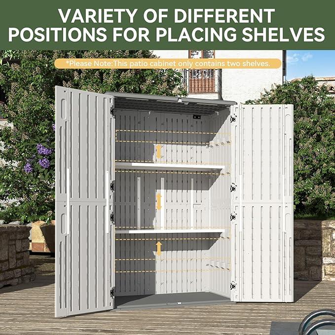 Aoxun White Resin Outdoor Storage Shed with 2 Shelves & Floor, 64 Cu.Ft Vertical Waterproof Cabinet for Garage, Pool, Bike, Garden Tools, Patio Furniture Aoxun