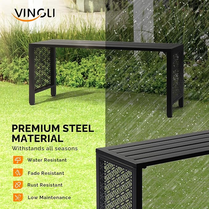 VINGLI 40in Outdoor Metal Bench, All-Weathe Backless Patio Bench with Slatted Seat＆Floral Side Panels, Rust-Resistant Garden Bench, Weatherproof Outdoor Seating for Porch Entryway Backyard (Black) VINGLI
