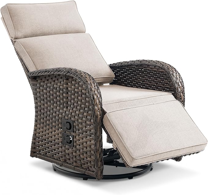 Zero Gravity Patio Swivel Rocking Recliner Chair - Wicker Outdoor Lounge Chair with Adjustable Backrest & Footrest, All Weather Reclining Rocker Chairs with Thick Cushion for Pool Deck Beige JelwalyPatioFurnitureSet