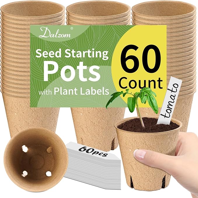 Dalzom® 60Pcs 3.1” Peat Pots with 60Pcs Plant Labels, Biodegradable Pots for Seedlings with Drainage Holes, Garden Plant Nursery Pots Seed Starting Trays Dalzom