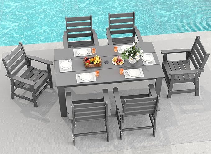 GREENVINES 7-Piece Outdoor Dining Set | HDPE | Patio Table and Chairs Sets for 6 | Patio Furniture | All Weather | Umbrella Hole | Grey | for Backyard Poolside Garden GreenVines