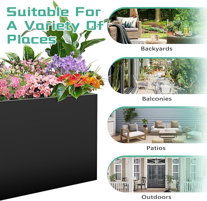 Metal Rectangular Planter Box, Large Planter Boxes Outdoor, 37''L x 13''W x 26''H Heavy Duty Plant Box with Removable Insert Shelf, 3 Tier Adjustable Height Tall Garden Planter for Plants, Flowers Montex