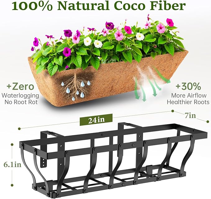 Railing Planter Boxes, Heavy Duty Window Box Planters, Adjustable Balcony Planters for Railing Hanging, with Coco Liner & Support Rod for Deck, Porch, and Patio Gardening (2 Pack, 24 Inch) VOXOR