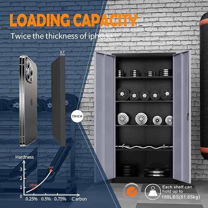 Yizosh Metal Storage Cabinet with Locking Doors and 5 Adjustable Shelves, 72" Garage Storage Cabinet Steel Lockable for Office,Home,Garage Yizosh