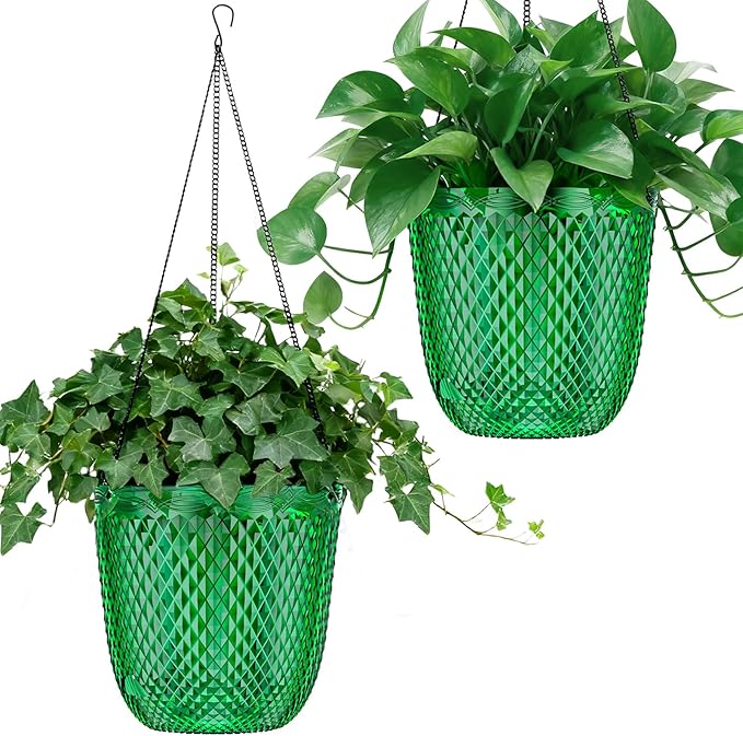 QCQHDU Self Watering Hanging Pots, 2 Pack 5.7 Inch Hanging Planters for Plants Indoor, Outdoor Flower Pots with Drainage Holes and 3 Hooks Chains for Garden Home (Emerald) QCQHDU