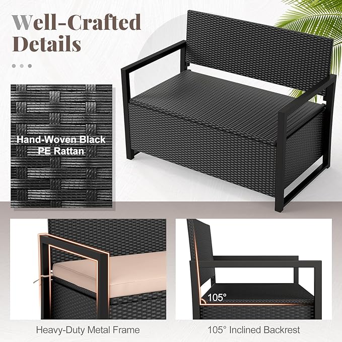 RELAX4LIFE Wicker Outdoor Bench with Storage - Rattan Deck Box w/Protective Liner for Pillows, Pool Supplies, Garden Tools, Patio Loveseat with Seat Cushion & Metal Armrests for Backyard Porch Balcony RELAX4LIFE